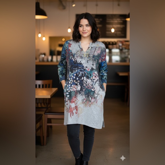 Inoah Tops - Inoah Art to Wear Cityscape Tunic Top Dress Gray Graphic PrintSize M Made in USA